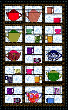 a quilt with many different colors and shapes on it's sides, including the mugs