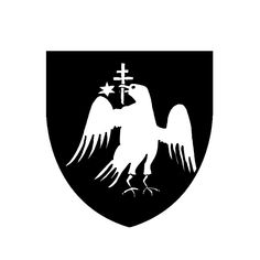 a black and white shield with an eagle holding a cross