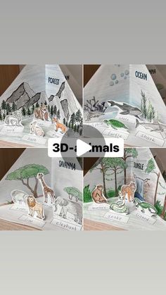 four different pictures of animals and trees in the shape of pyramids with words on them