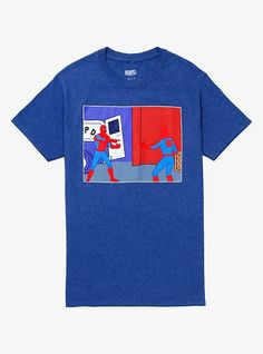 Wait... which is the real friendly neighborhood Spider-Man? This blue tee features the meme-able moment from the 60s Spider-Man cartoon on the front. Funny Blue Graphic Print T-shirt, Blue T-shirt With Character Print In Relaxed Fit, Blue Cotton Pop Culture T-shirt, Funny Blue T-shirt With Graphic Print, Blue Pop Culture Short Sleeve T-shirt, Blue Short Sleeve Pop Culture T-shirt, Funny Blue T-shirt With Character Print, Blue Cotton Pop Culture Tops, Blue Crew Neck T-shirt, Pop Culture Style