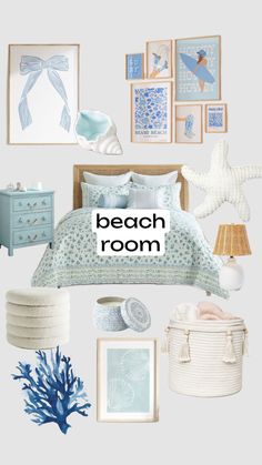 a bedroom with blue and white decor on the walls, bed linens, lamps, pictures, and other items