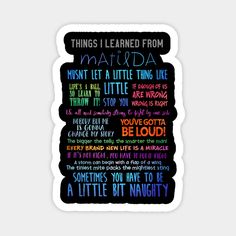 the things i learned from matilda quote on blackboard with blue and red lettering,