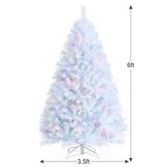 a white christmas tree with multicolored lights on it's base and measurements