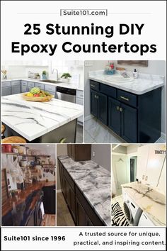 an advertisement for a kitchen counter top that has been painted black and white with the words 25 stunning diy epox countertops