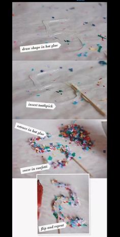 there are many different images of confetti on the table and one has a toothpick in it