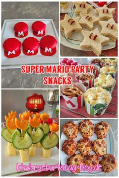 Super Mario Party Snacks Mario Appetizers, Mario Brothers Snacks, Super Mario Lunch Ideas, Super Mario Themed Dinner, Super Mario Bros Cocktail, Diy Mario Party Food, Mario Snacks For Party, Mario Snack Board, Nintendo Themed Snacks