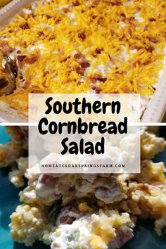 southern cornbread salad with bacon and cheese on top