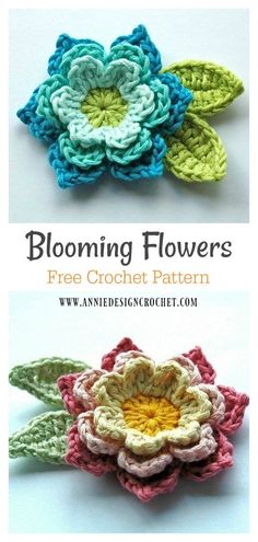 two crocheted flowers are shown in different colors