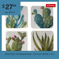 four coasters with cactus designs on them for $ 27 99