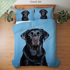 a black dog on a blue background is shown in this bedding set with matching pillows