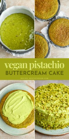 vegan pistachio buttercream cake collage with four photos and title