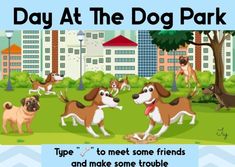 a group of dogs playing in the park with each other and text that says, day at the dog park