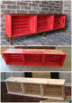 two pictures of red and white wooden furniture with brick wall in the background, one is made out of pallets