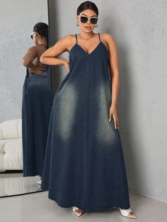 Plus Size Ladies' Loose Denim Cami Dress Medium Wash Casual  Sleeveless Denim Plain Cami Non-Stretch  Women Plus Clothing, size features are:Bust: ,Length: ,Sleeve Length: Denim Dress Outfit Summer, Denim Dress Outfit, Plus Size Summer Dresses, Cute Casual Dresses, Denim Maxi Dress, Denim Overall Dress, Denim Skirt Women, African Design Dresses, Summer Dress Outfits