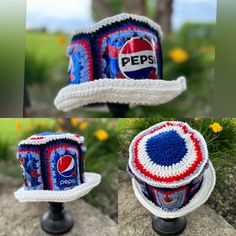 two pictures of pepsi cans on top of each other, one is crocheted and the other is knitted