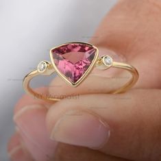 Natural Trillion Cut Pink Tourmaline Gemstone Diamond Ring/ - Etsy Stone Ring Design, Gold Moonstone Ring, Gemstone Diamond Ring, Pink Diamond Ring, Colored Diamond Rings, Expensive Jewelry Luxury, Antique Wedding Rings, Pink Tourmaline Ring, Tourmaline Jewelry