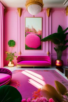 a living room with pink walls, gold accents and lots of flowers on the floor