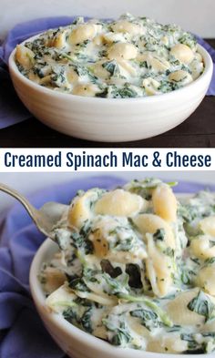 two pictures showing different types of macaroni and cheese casserole with spinach