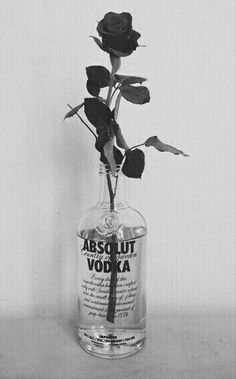 a black and white photo of a rose in a bottle with abso lut vodka