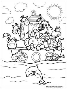 a boat full of animals floating in the ocean with sun and clouds above it coloring page