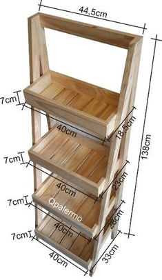 a wooden shelf with measurements for different shelves