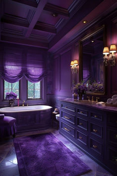 a bathroom with purple lighting and a bathtub in the corner, along with a rug on the floor