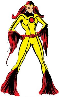 a woman in yellow and red is standing with her hands on her hips