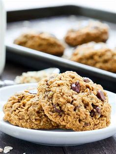 three oatmeal cookies on a white plate next to a baking pan with more oats in the background