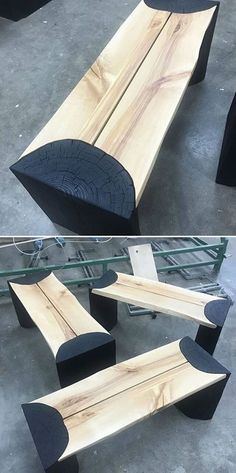 two pictures of a bench made out of plywood and black paint on the floor