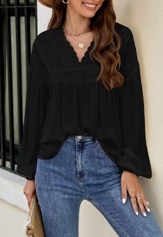 The EMES SHOP blouse is detailed with a beautiful crochet lace trim. Features a v neck line. drop shoulder. long sleeves. and flowy fit. Pair it with cuffed jeans and loafers for a fabulous look.MATERIAL:100% RayonMEASUREMENTS: Product Length 24.02"-26.18 "in 4-6-Small | Waist: 25-26.5 in | Chest: 33-34.5 in 6-8-Medium | Waist: 26.5-28 in | Chest: 34.5-36 in 8-10-Large | Waist: 28-29.5 in | Chest: 36-37.5 in 10-12-X-Large | Waist: 29.5-31 in | Chest: 37.5-39 in 12-14-XX-Large | Waist: 31-32.5 in Crochet Lantern, Bohemian Blouse, Jacquard Blouse, Bohemian Blouses, Crochet Lace Trim, Cuffed Jeans, Summer Blouses, Lace Crochet, Chiffon Shirt