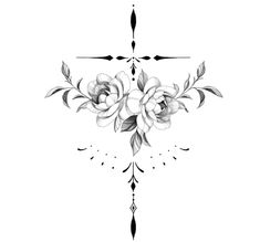 a cross with flowers on the side and leaves in the middle, as well as an arrow