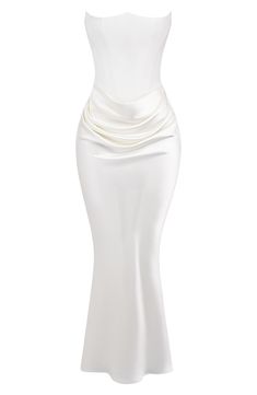 A mix of satin and crepe lend lots of texture to this strapless cocktail dress with signature corsetry built in for extra support. Exclusive retailer Back-zip closure Strapless Lined 75% acetate, 25% polyester with 100% polyester contrast Dry clean Imported Corset Cocktail Dress, Corset Draping, Mode Zara, White Drapes, Maxi Dress White, Drape Maxi Dress, Satin Corset, Amelia Dress, Strapless Corset