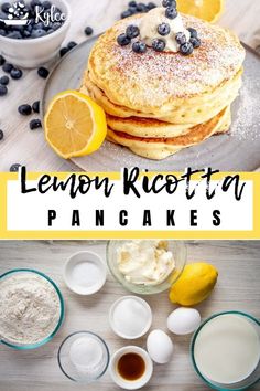 lemon ricotta pancakes with powdered sugar and blueberries on the side, surrounded by other ingredients