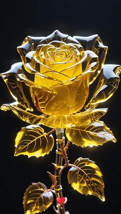 an illuminated yellow rose on a black background