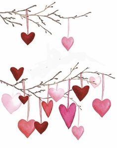 watercolor hearts hanging from a tree branch