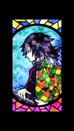 a stained glass window with an anime character holding a cube in it's hands