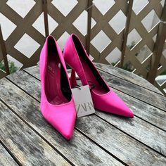 Stunning Satin Vibrant Pink Pointy Toe Heels. New With Tags. Size 6 Us Zara Pink Heels For Formal Occasions, Zara Fitted Closed Toe Heels, Zara Pink High Heels, Zara Fitted Closed-toe Heels, Pointy Pumps, Pointy Toe Heels, Zara Shoes, Pink Satin, Shoes Women Heels