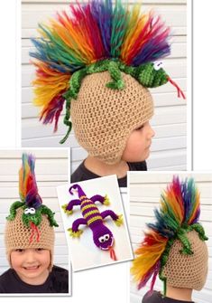 three pictures of a child wearing a knitted hat with colorful hair and decorations on it