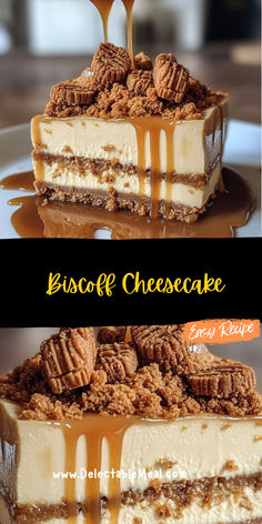 two pictures of cheesecake with caramel drizzle on the top and bottom