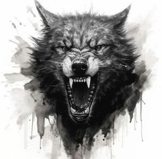 a black and white drawing of a wolf with its mouth open, showing teeth wide open