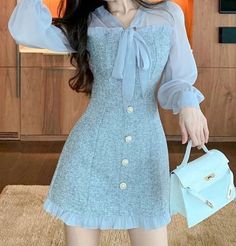 Tweed Mini Dress, Elegant Mini Dress, Party Dress Long Sleeve, Tweed Dress, Ribbon Bow, Mini Dress With Sleeves, Bodycon Mini Dress, Above Knee, Gray Dress