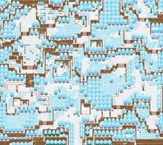 a blue and brown pixellated map with buildings, trees, and water in it