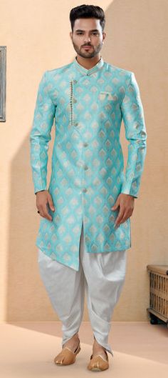 Blue color Sherwani in Banarasi Silk fabric with Stone, Thread, Weaving, Zari work Indo Western Dress For Men, Thread Weaving, Indo Western Sherwani, Western Suits, Sherwani For Men, Celebrity Gowns, Dhoti Pants, Indo Western Dress, Fancy Buttons