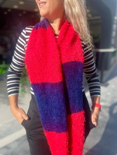 Hand Knit Striped Mohair Scarf -  Soft and Warm Touch Discover the beauty of a navy blue and red wool striped scarf made with love and care to keep you warm and stylish through fall and winter season. This handknitted scarf is crafted from soft and lightweight mohair and vegan angora wool blend.  * The scarf in the photos is ready for shipment.   Size: Width ~ 35 cm (13.7") Length ~ 210 cm (82.7") *The model in the photos is 165 cm/5"4 tall. Key Features: - Made from premium mohair and angora wo Mohair Scarf, Striped Scarves, Red Wool, Wool Scarf, Christmas Knitting, Christmas Gifts For Her, Shawls And Wraps, Scarf Wrap, Wool Blend