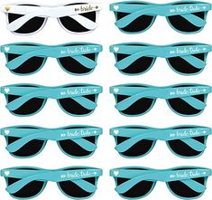 six pairs of sunglasses with the words bride and groom written on them, all in different shades