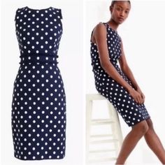 Nwt J. Crew Spot Tweed Sheath Dress Navy Blue White Polka Dots Sleeveless Size 6 Tall Flat Lay Pit To Pit 17" Waist (Narrowest Point) 14.5” Top Of Shoulder To Hem 42” A Classic Sheath In Textured Tweed (With A Fun, Inset Fringe Detail) - Hidden Back-Zip Closure - Jewel Neck - Sleeveless - Lined - 100% Cotton Let Me Know If You Have Any Questions! Open To Offers! Polka Dot Knee-length Workwear Dress, Knee-length Polka Dot Workwear Dress, Knee-length Polka Dot Dress For Work, White Babydoll Dress, Grey Knit Dress, Fitted Midi Dress, Strapless Floral Dress, Linen Shirt Dress, Red Floral Dress