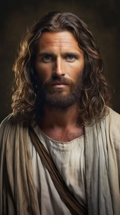 a man with long hair and beard wearing a white robe is looking at the camera