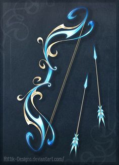 an artistic drawing of a bow and arrow with blue swirls on the side, against a black background