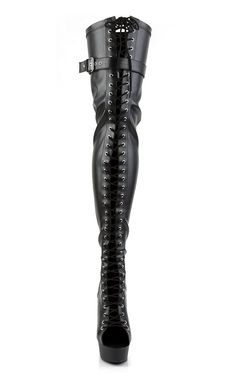 6" Heel, 1 3/4" PF Peep Toe Lace-up Thigh Boot, Back ZipHEEL/PLATFORM : 6" Heel, 1 3/4" PFFIT GUIDE : True to sizeVEGAN : No Edgy Thigh-high Faux Leather Platform Boots, Gothic Knee-high Platform Boots For Club, Edgy Fitted Boots For Cosplay, Thigh High Heeled Party Boots, Punk Thigh-high Platform Boots For Party, Edgy Fitted Knee-high Polyurethane Boots, Gothic Thigh-high Leather Platform Boots, Thigh High Faux Leather Platform Boots For Club, Edgy Fitted Knee-high Boots In Polyurethane