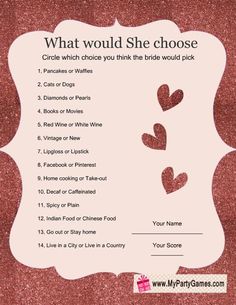 what would she choose? game with hearts on pink glitter paper and white frame for text